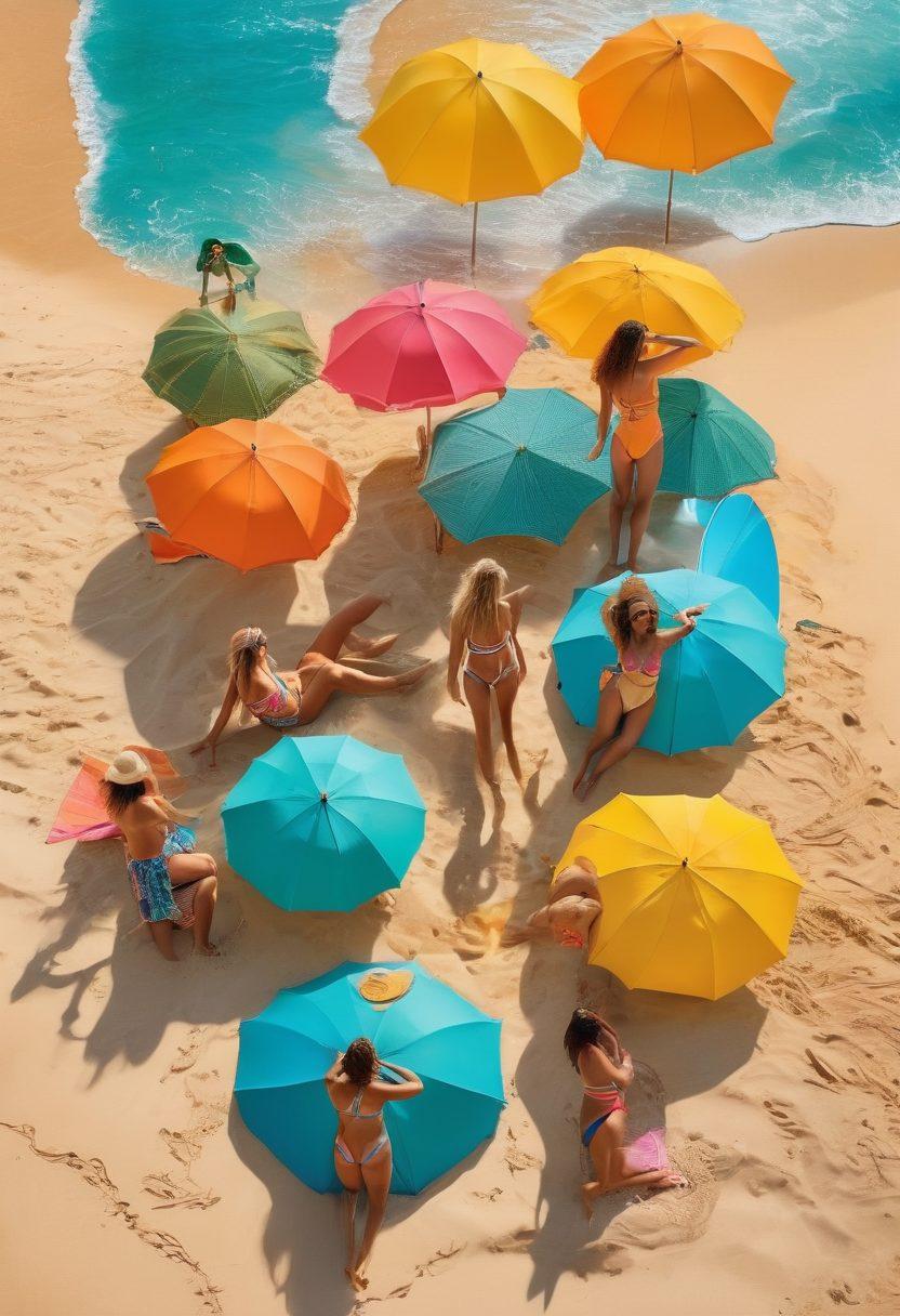A vibrant beach scene featuring a diverse group of people wearing trendy bikinis and beachwear for 2023, displayed against a backdrop of golden sand and turquoise waves. Include colorful beach umbrellas, surfboards, and a sun-soaked sky. Emphasize the joy of summer with bright and bold colors. super-realistic. vibrant colors. sunny atmosphere.